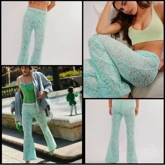 Free People All Day Lace Flare Pants Turquoise Blue Large