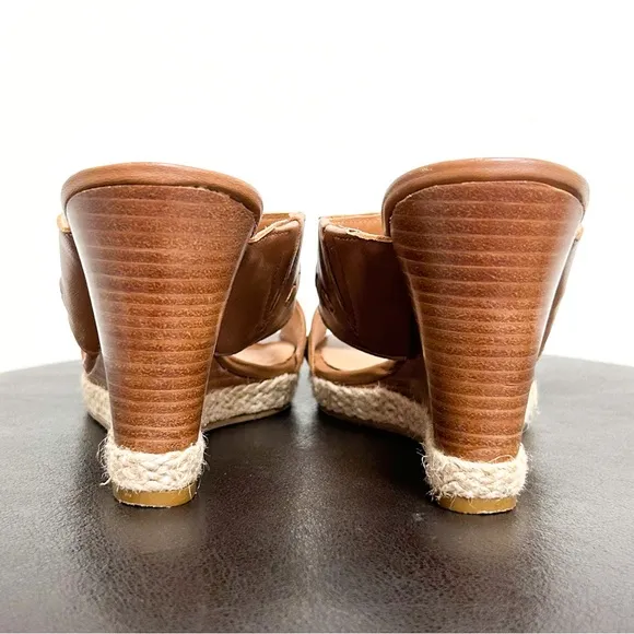 Jack Rogers Sophia Oak Brown Leather Wedge Whipstitch Heel Open Toe Sandals 7 M